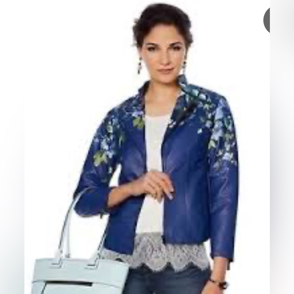 Colleen Lopez size xS leather jacket blue green flowers